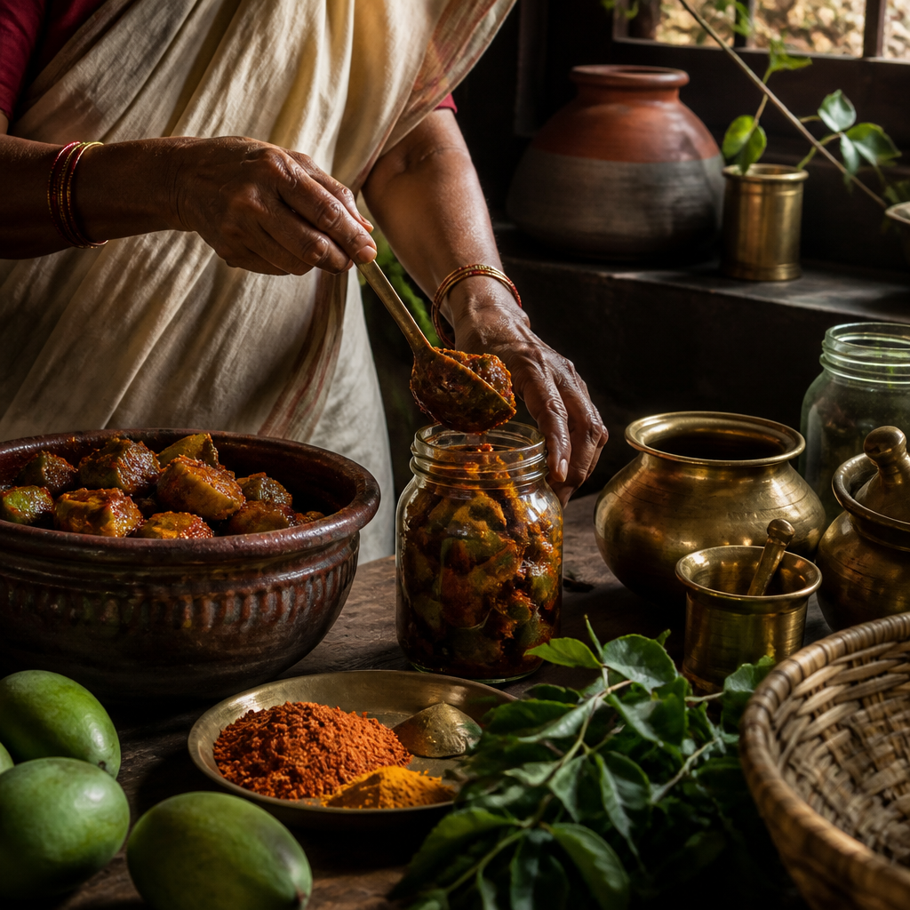 Lalithamma preparing authentic pickles in traditional kitchen